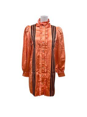 Gucci x Adidas Silk 100% Ruffle Long Sleeve Shirt Dress Orange 38